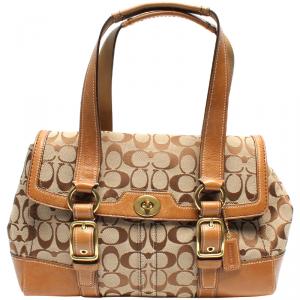 Coach Brown Signature Canvas And Leather Double Buckle Shoulder Bag