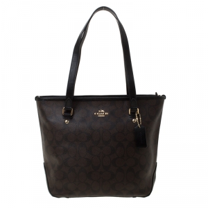 Coach Brown/Black Signature Coated Canvas and Leather Tote