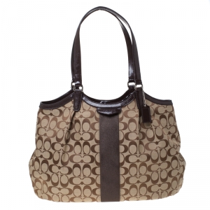 Coach Beige/Brown Signature Canvas and Patent Leather Shoulder Bag