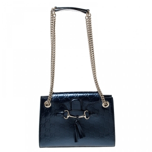 Gucci Blue Guccissima Patent Leather Small Emily Chain Shoulder Bag