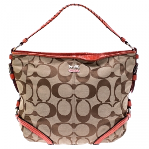 Pre Owned Coach Beige/Orange Signature Canvas and Patent Leather Katarina Hobo