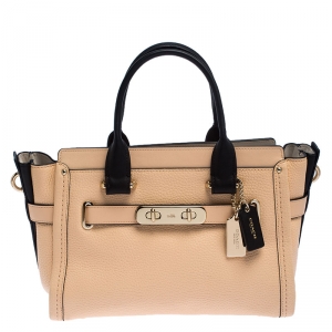 Pre Owned Coach Peach/Black Leather Swagger 27 Tote