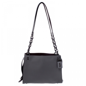 Pre Owned Coach Dark Grey Leather Chain Shoulder Bag