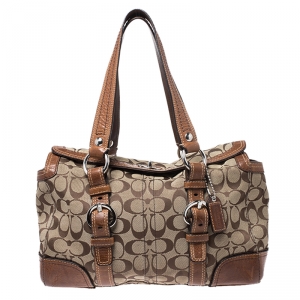 Coach Brown Signature Canvas And Leather Double Buckle Shoulder Bag