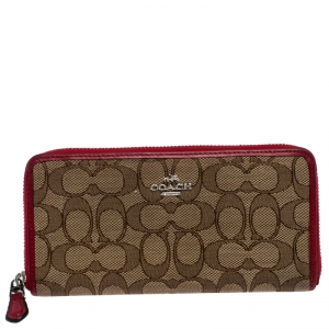 Coach Brown/Red Trim Coated Canvas Zip Around Wallet