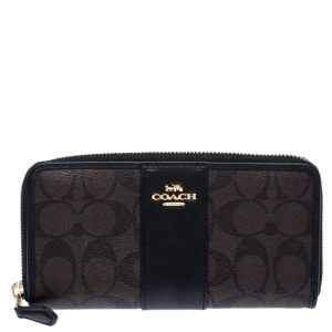 Coach Brown/Black Leather Signature Zip Around Wallet
