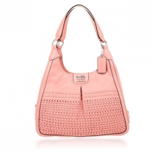 Pre Owned Coach Salmon Pink Madison Maggie Woven Leather Shoulder Bag 