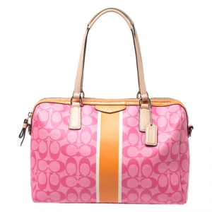 Coach Pink/Orange Signature Coated Canvas and Leather Nancy Stripe Satchel