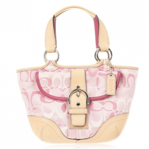 Pre Owned Coach Pink Monogram and Beige Leather Small Tote