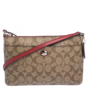 Coach Brown/Red Coated Canvas East/West Pop Up Pouch Crossbody Bag