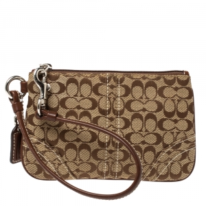 Coach Brown/Beige Signature Canvas and Leather Wristlet Clutch