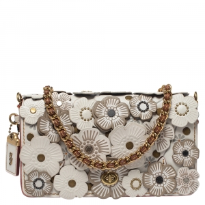 Coach Ivory Tea Rose Applique Leather Dinky Chain Shoulder Bag