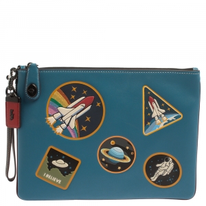 Pre Owned Coach Blue Leather Nasa Space Collection Wrislet Pouch