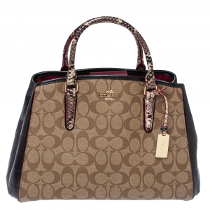 Pre Owned Coach Tricolor Signature Coated Canvas/ Croc Embossed Leather Sage Carryall Satchel 