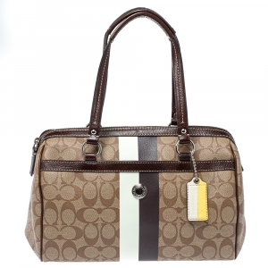 Pre Owned Coach Beige/Brown Signature Coated Canvas Heritage Stripe Satchel