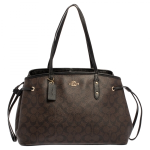 Pre Owned Coach Brown/Black Signature Coated Canvas and Leather Carryall Drawstring Shoulder Bag