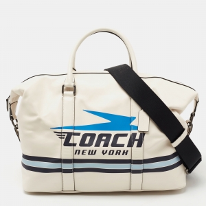 Coach White/Blue Leather Vintage Coach Motif Duffle Bag