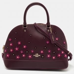 Pre Owned Coach Purple Floral Applique Leather Sierra Satchel