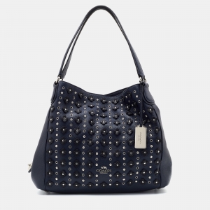 Coach Blue Pebbled Floral Rivets Leather Edie 31 Shoulder Bag
