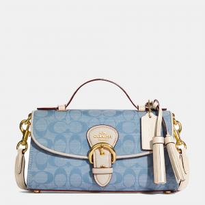 Pre Owned Coach Blue/Beige Signature Denim Kleo Top Handle Bag