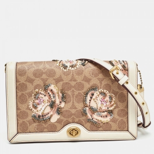 Coach Beoge/Old Rose Signature Coated Canvas and Leather Rose Embellished Riley Crossbody Bag