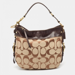 Pre Owned Coach Brown/Beige Signature Canvas and Leather Buckle Hobo