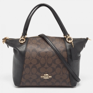 Pre Owned Coach Black/Brown Signature Coated Canvas and Leather Kacey Satchel