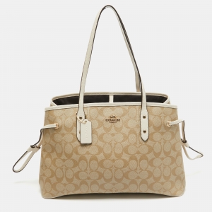 Pre Owned Coach Beige/White Signature Coated Canvas and Leather Drawstring Carryall Bag