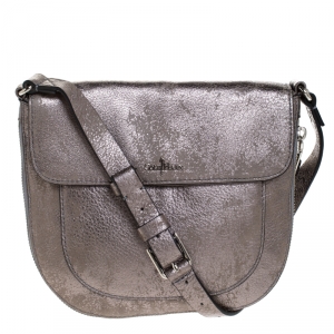 Cole Haan Grey Textured Leather Flap Zip Round Crossbody Bag