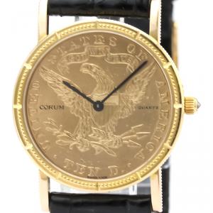 Corum 18K Yellow Gold and Leather Coin Watch Quartz Women's Wristwatch 28MM