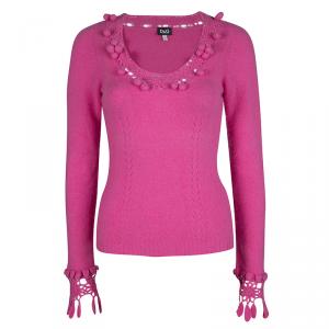D&G Pink Bobble Detail Crochet Trim V-Neck Sweater S