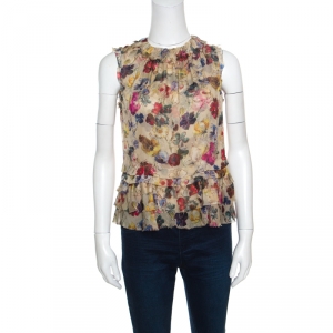 D&G Beige Floral Printed Silk Chiffon Ruffle Trim Sleeveless Top S