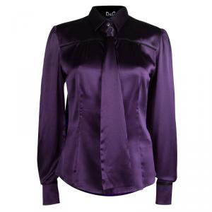 D&G Purple Silk Neck Tie Detail Long Sleeve Shirt L