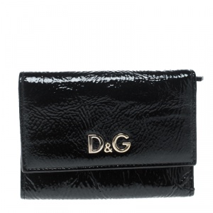 Pre Owned D&G Black Patent Leather Trifold Compact Wallet
