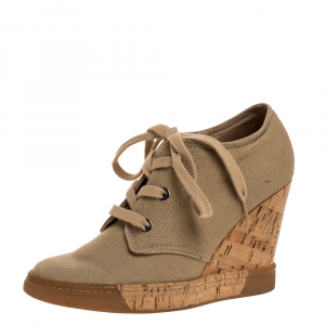 Pre Owned D&G Beige Canvas Wedge Lace Up Sneakers Size 38