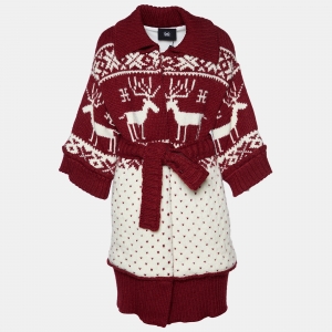 D&G Red Wool Intarsia Belted Mid Length Coat M