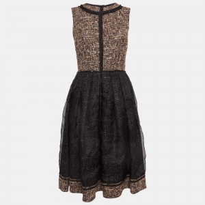 D&G Black and Brown Tweed Silk Overlay Flared Midi Dress M