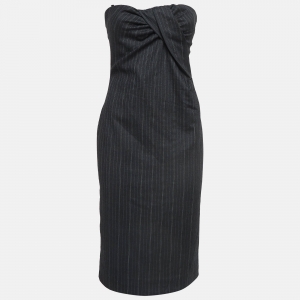 Pre Owned D&G Grey Pinstripe Gabardine Draped Detail Strapless Mini Dress M
