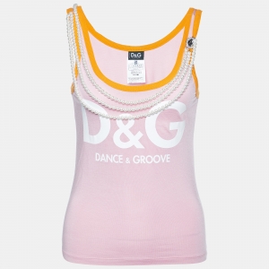 Pre Owned D&G Pink Knit Pearls Chain Detail Sleeveless T-Shirt M