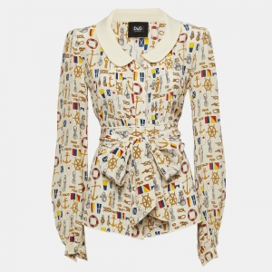 Pre Owned D&G Off-White Printed Silk Buttoned Front Top M