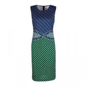 Pre Owned Diane Von Furstenberg Green and Blue Dot Printed Silk Jersey Evita Shift Dress M