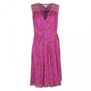 Pre Owned Diane Von Furstenberg Shalamar Pink Floral Printed Silk Sleeveless Bali Wrap Dress L