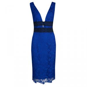 Pre Owned Diane Von Furstenberg Deep Night Blue Lace Plunge Neck Long Sleeve Viera Dress M