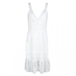 Pre Owned Diane Von Furstenberg White Guipure Lace Sleeveless Tiana Flounce Dress L