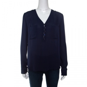 Pre Owned Diane Von Furstenberg Navy Blue Silk Long Sleeve High Low Arden Top M