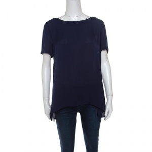Pre Owned Diane Von Furstenberg Navy Blue Silk Short Sleeve Maggy Top M