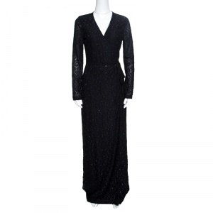 Pre Owned Diane Von Furstenberg Black Embellished Lace Elle Wrap Maxi Dress S 