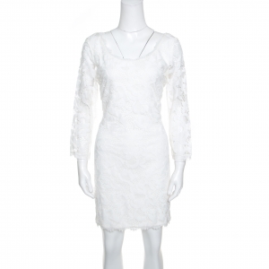 Pre Owned Diane Von Furstenberg White Lace Zarita Scoop Dress L