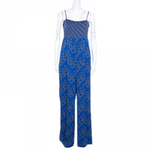 Diane Von Furstenberg Blue Chevron Dots Printed Silk Sleeveless Ivena Jumpsuit L
