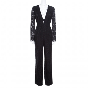 Diane Von Furstenberg Black Lace Plunge Neck Detail Kyara Tux Jumpsuit M